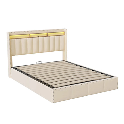 Opbergbed – Opbergboxspring – Gestoffeerd Bed – Bed Met Lade – Velvet Hoofdbord – LED Verlichting – USB Poorten - 140 x 200 cm - Beige