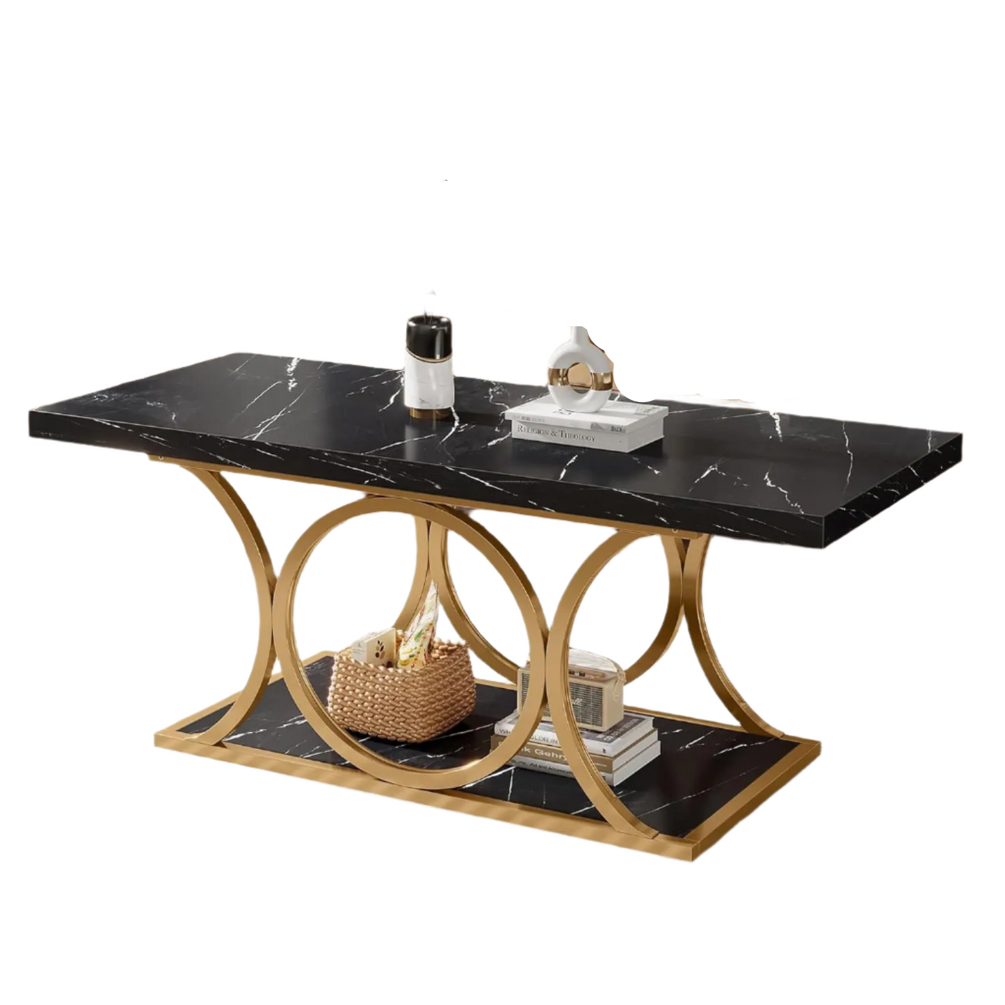 Salontafel – Coffee Table – Tafel – Woonkamertafel – Rechthoekige Tafel – Nep-Marmer Look – Verstelbare Pootjes - 120 x 60 x 48 cm - Zwart