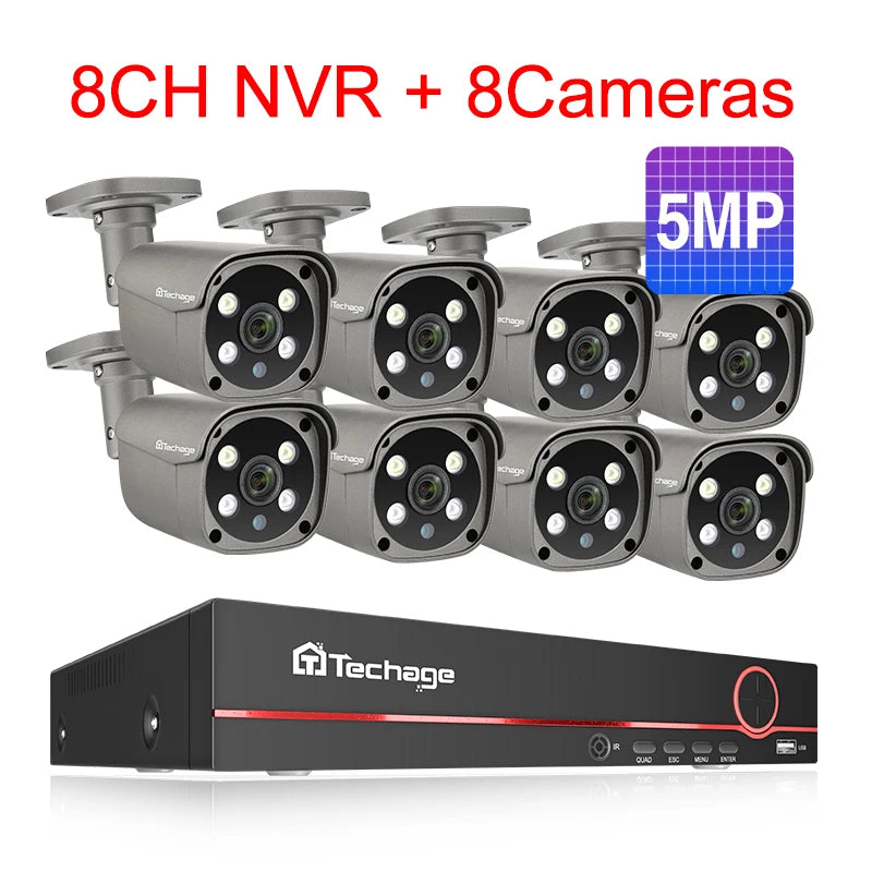 Techage 8CH 5MP 8MP Security Camera System 4K HD POE NVR Kit Two Way Audio Face Detect Outdoor Video Surveillance IP Camera Set - QUORE