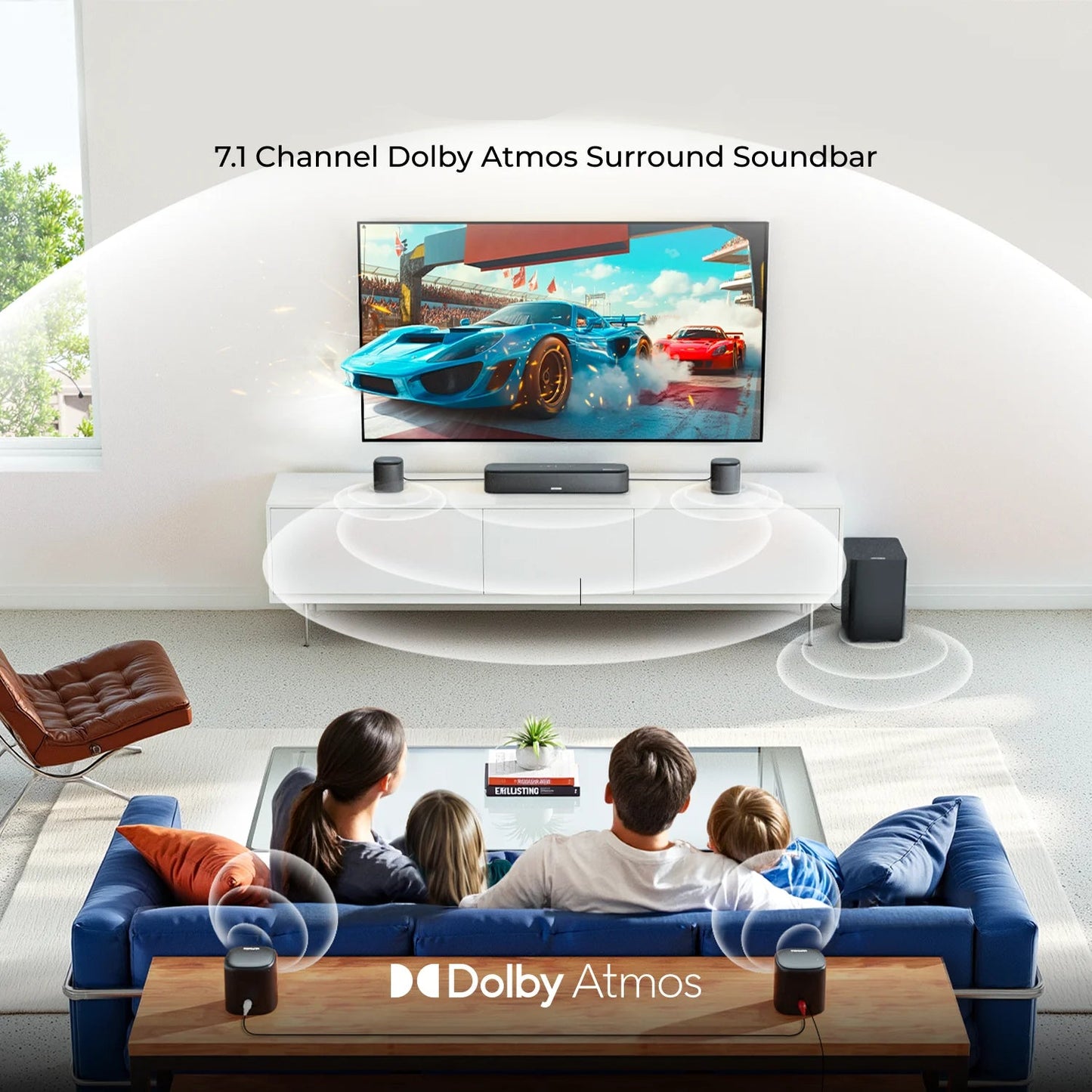 Soundbar - 7.1ch - Soundbar voor TV - Surround Sound-Systeem - met Subwoofer - Dolby Atmos - Smart App-bediening - Thuisbioscoopgeluidssysteem - Bluetooth-luidspreker - AUX - Optische Ingang - USB - Bluetooth - HDMI - 350W - Zwart