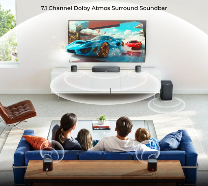 Soundbar - Soundbars voor tv en Theater - Soundbar met Subwoofer 350W - 7.1CH – 4 Surround Speakers – Bluetooth 5.3 – Voor TV & Thuisbioscoop - Compatibel met AUX - Optical - Input - USB - HDMI  - Ingebouwd mic - EU-stekker - Zwart