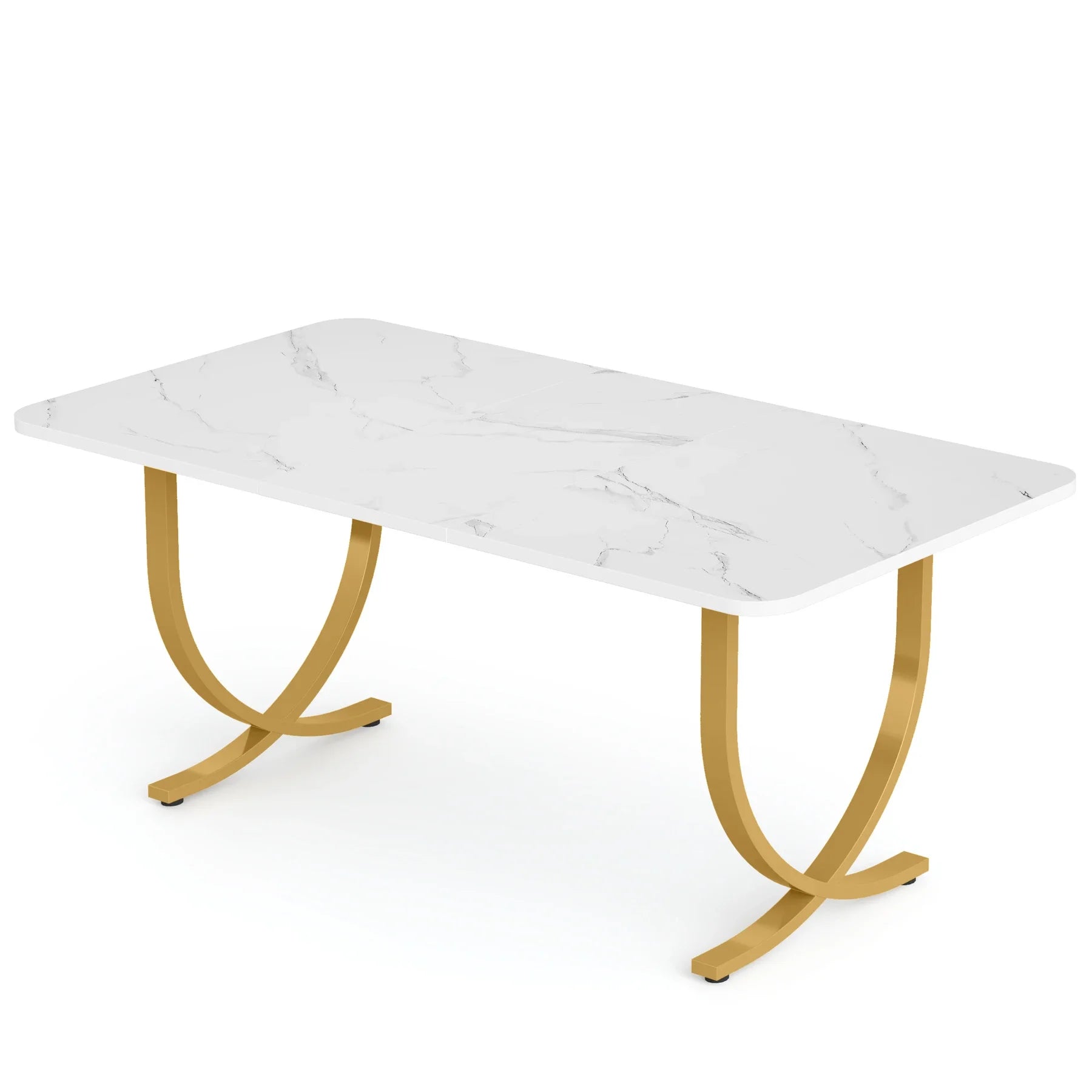 Eettafel – Tafel – Eetkamertafel – Bureau – Ontbijttafel – 160 Cm – Marmerlook – Gouden Metalen Poten - Wit - QUORE