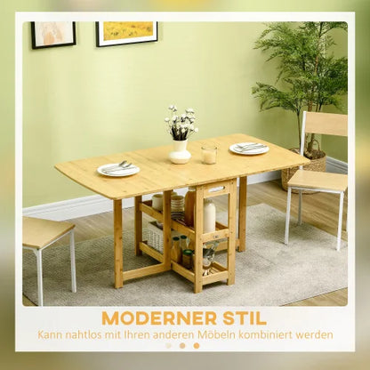 Opvouwbare Eettafel – Klaptafel – Uitklapbare Tafel – Bamboe Tafel – Verstelbare Poten – 2 Opbergruimtes - 59.5 x 80 x 73.5 cm - Houtkleur