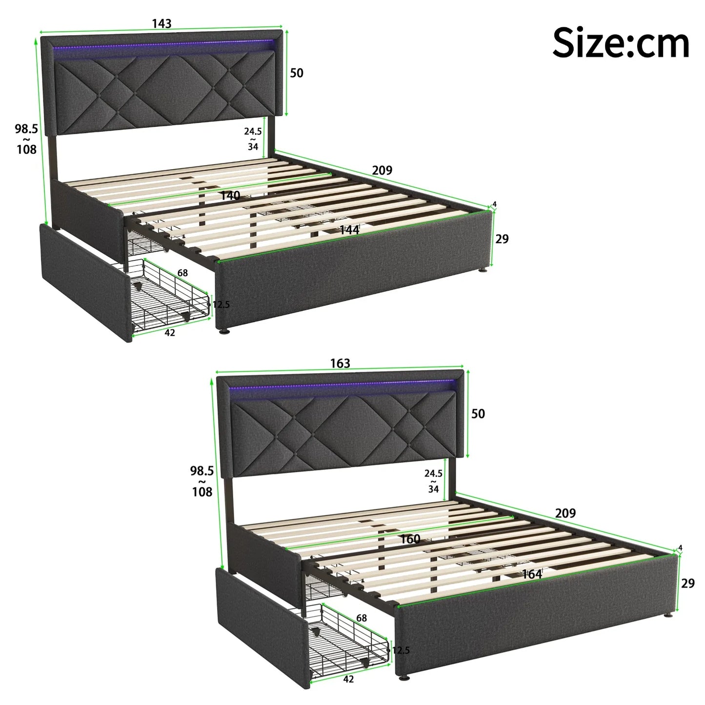 Comanlai 140x200cm/160x200cm Upholstered Bed with 4 Drawers,Headboard with USB Charging Port and LED Lighting,Double Bed,Linen