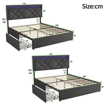 Comanlai 140x200cm/160x200cm Upholstered Bed with 4 Drawers,Headboard with USB Charging Port and LED Lighting,Double Bed,Linen