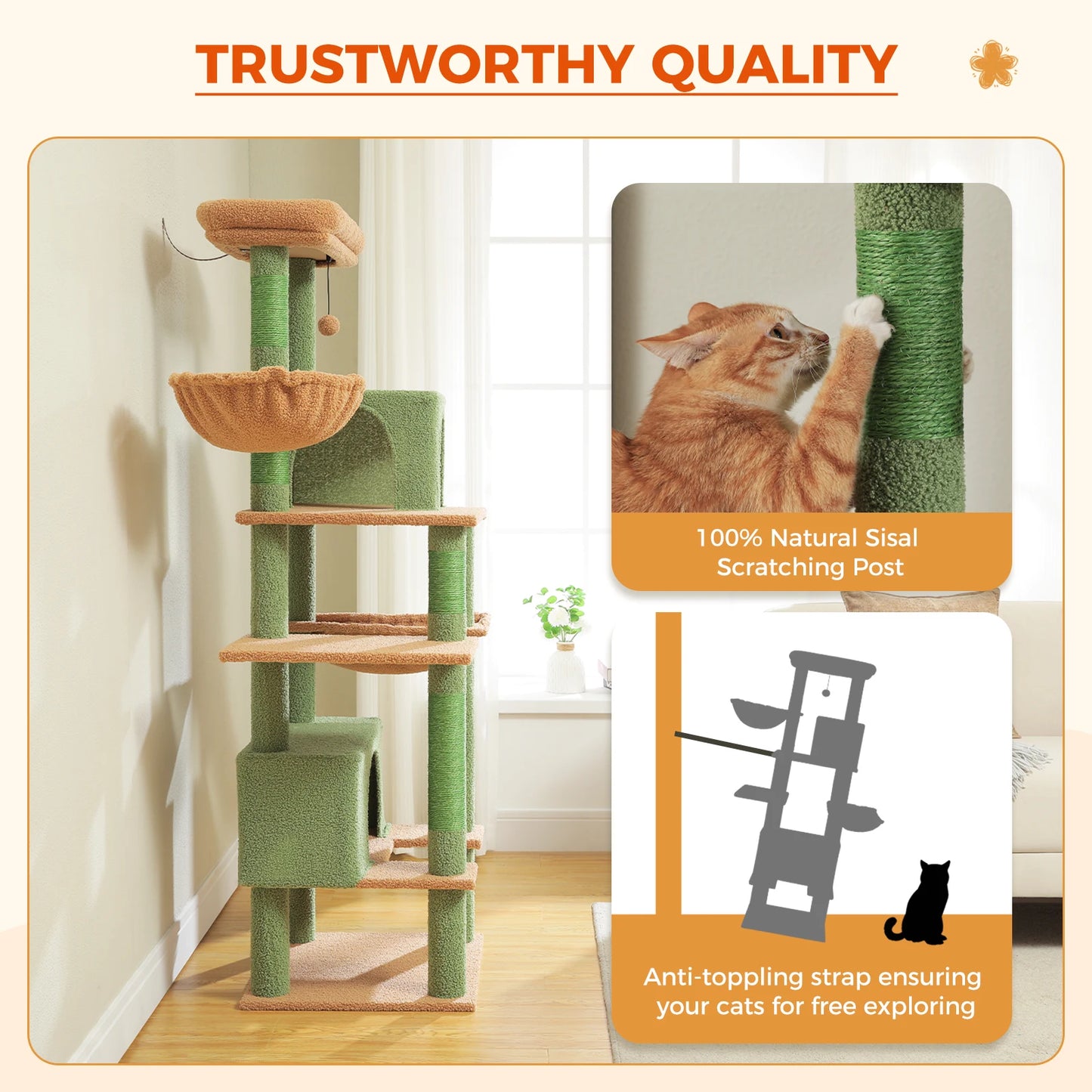 Kattenboom - voor Grote Binnenkatten – Krabpaal - Hoog Kattenmeubel - met Sisal Krabpalen - Extra Grote Hangmat - 2 Kattenhuisjes - Meerdere Verdiepingen – Arbre a Chat - 169cm - Roze