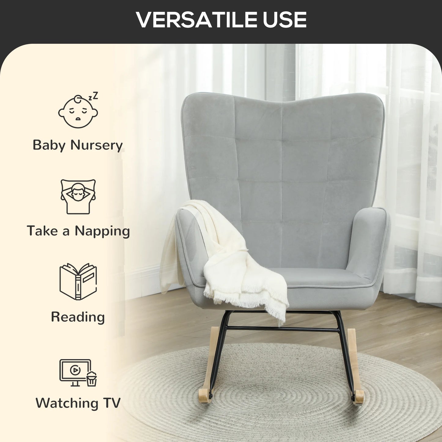 Schommelstoel – Schommelstoel Voor Volwassenen – Relaxstoel – Schommelstoel Met Armleuning – Ergonomisch Ontwerp – Beukenhout En Staal - 98 x 71 x 101 cm - Grijs