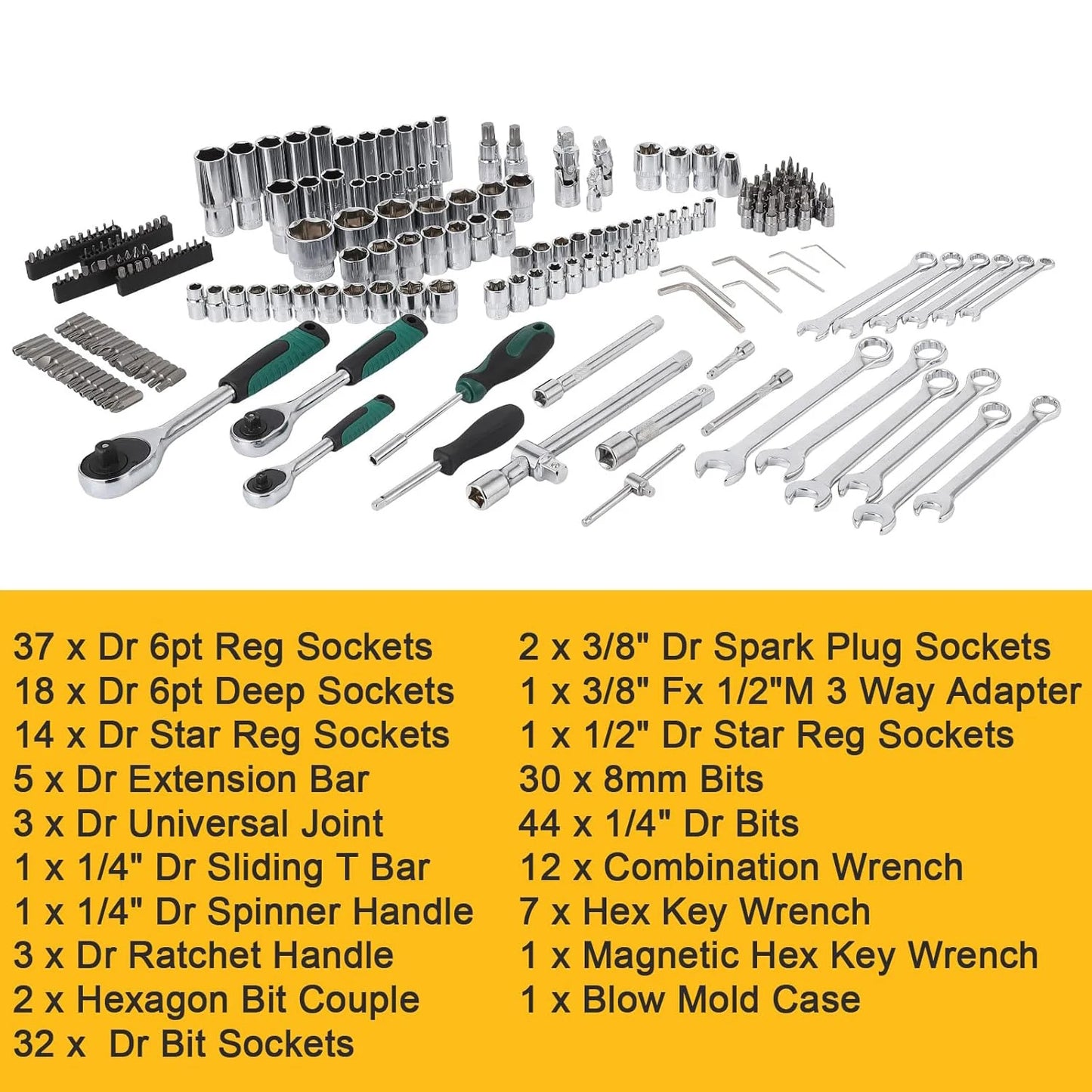 Gereedschapsset – Mechanische Set – Dopset – Ratels – Steeksleutelset – 216-delig – Roestvrij Staal – Compacte Opbergkoffer