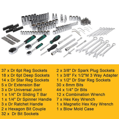 Gereedschapsset – Mechanische Set – Dopset – Ratels – Steeksleutelset – 216-delig – Roestvrij Staal – Compacte Opbergkoffer