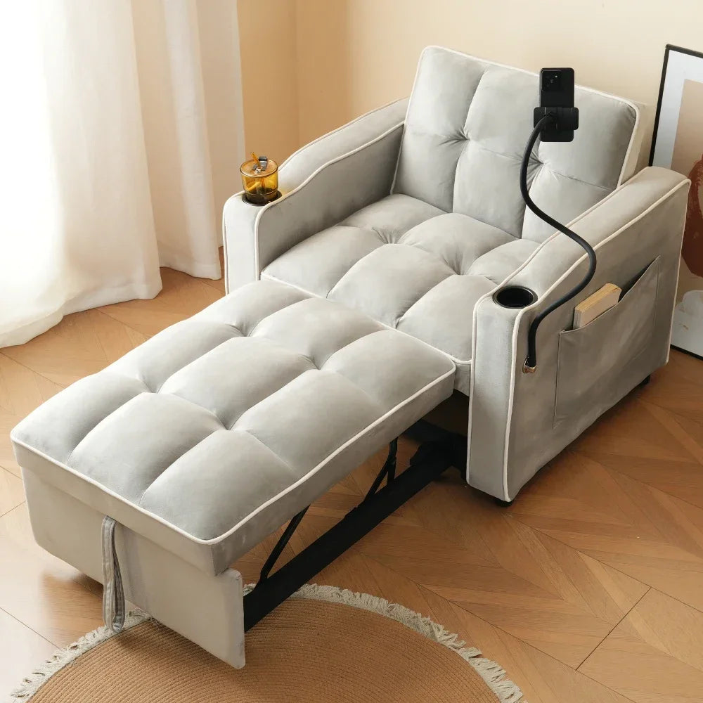 3-in-1 Extracteerbare Bank – Fauteuil – Lounger – Slaapbank – Zitmeubel – Velours Bekleding – Compact 83x167 cm – Met Bekerhouders & Opbergtasje – Grijs-Wit