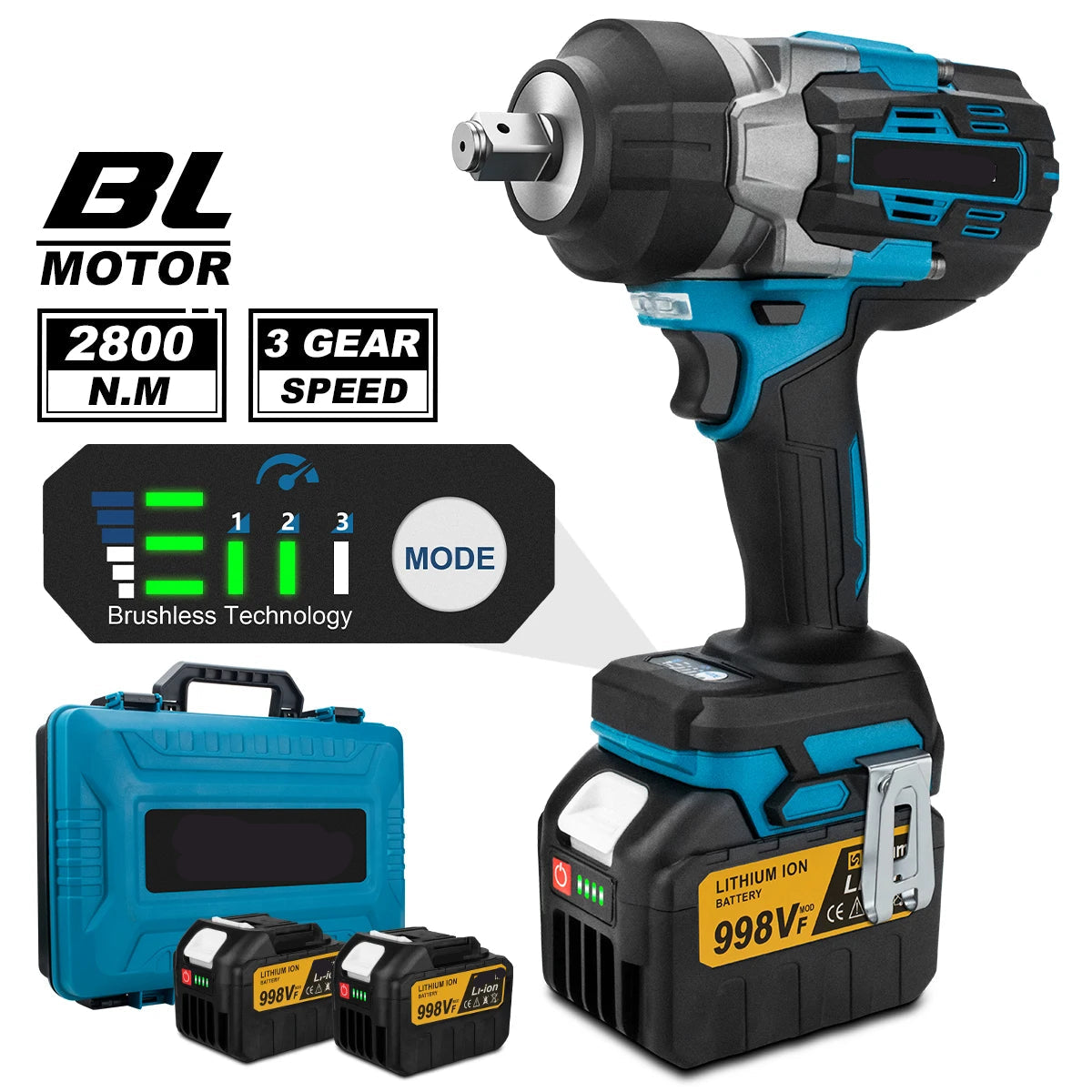 Electric Impact Wrench - Battery Impact Wrench - Cordless Impact Wrench - 18V - 2800N.M Torque - 3-Speed ​​Gears - Brushless Motor - Brushless Technology