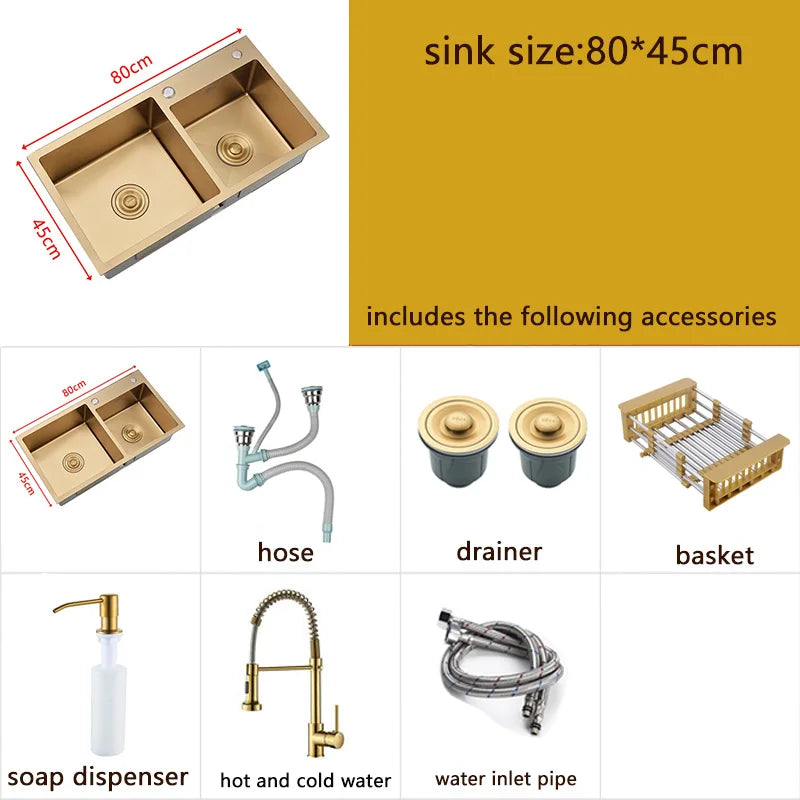 Dubbele Spoelbak – Keukenspoelbak – RVS Spoelbak – Gouden Waschbak – Spoelbak Met 2 Kommen – 80x45 cm – Roestvrij Staal 304 – Inclusief Zeepdispenser En Zeefmand