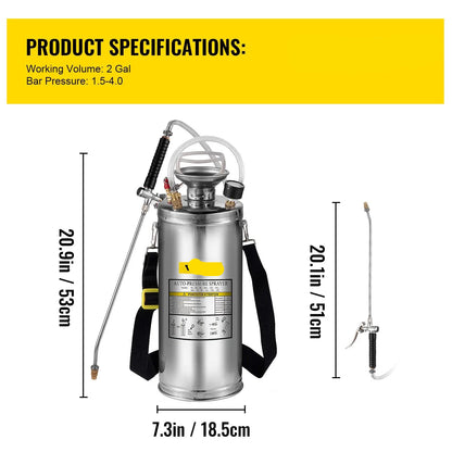 RVS Tuinsproeier - Rugspuit - Onkruidsproeier - Sproeier - Drukspuit - 8L - Handpomp - Verstelbare Messing Nozzle - voor Tuin - Reiniging - Desinfectie