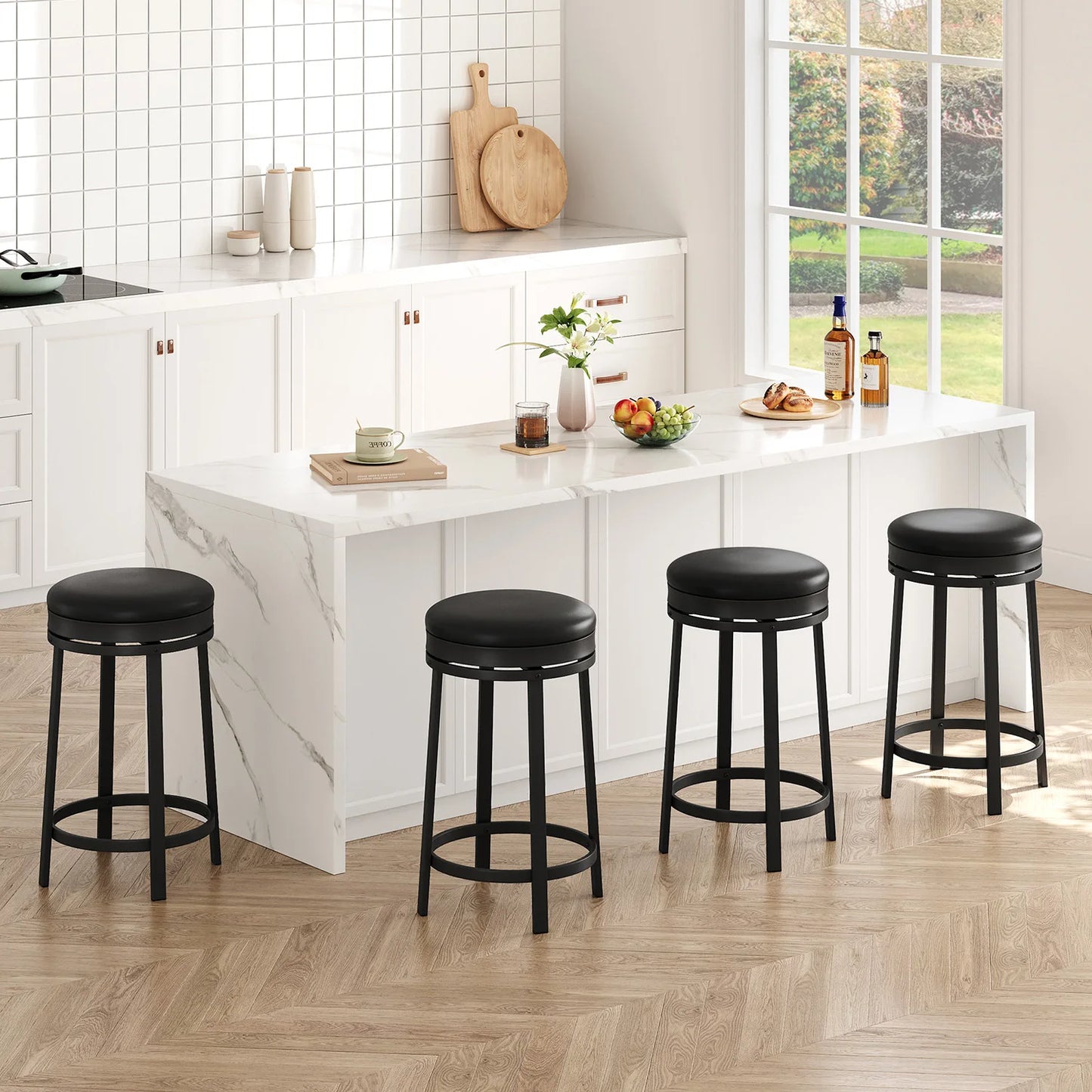 Barkruk – Barstoel – Kruk – Keukenstoel – Barkruk Zonder Rugleuning – 24 Inch Draaibaar – PU-Leren Zitting Met Zacht Schuim - QUORE