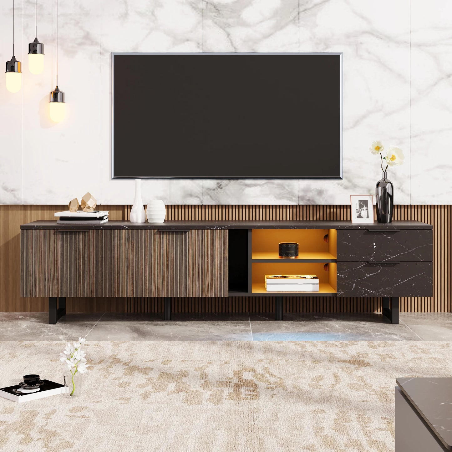 Tv-Kast – Tv-Meubel – Dressoir – Mediameubel – Tv-Meubel Met Opbergruimte – 200 CM Breed – Marmeren Design Met Verstelbare Led-Verlichting