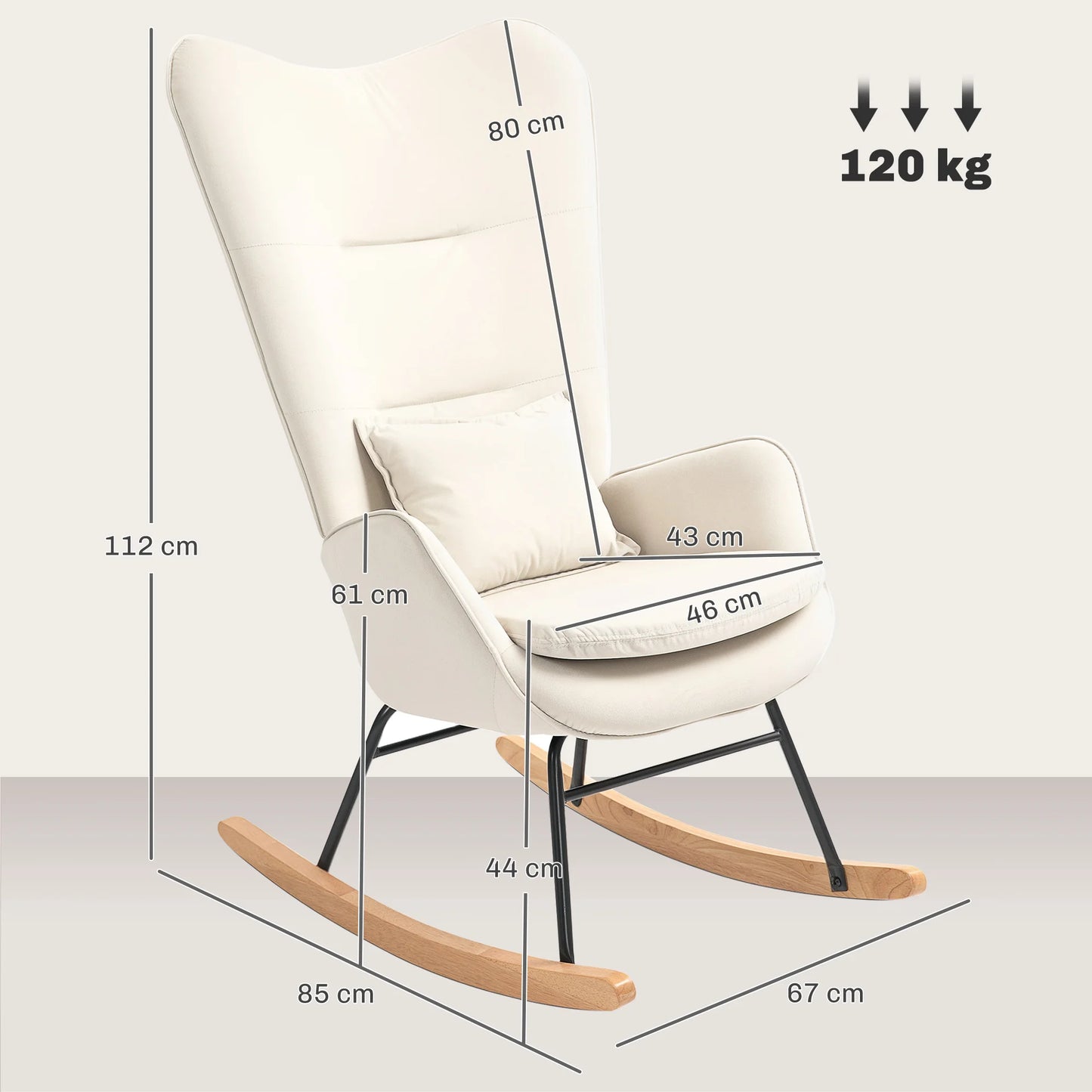 Schommelstoel – Relaxstoel – Loungestoel – Schommelzetel – Velours Bekleding – Ergonomische Rugleuning – Houten Poten - 67 x 85 x 112 cm - Crèmewit - QUORE