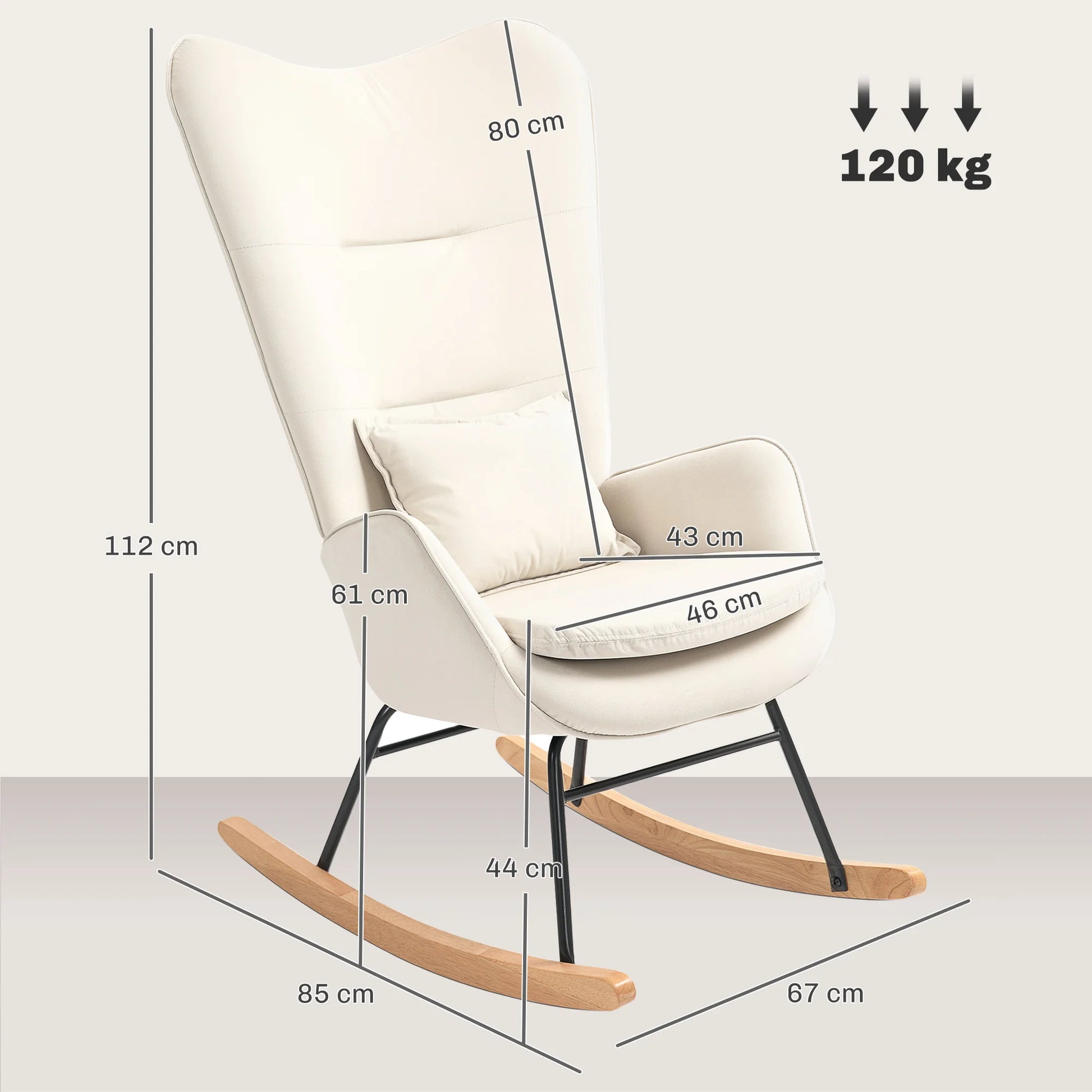 Schommelstoel – Relaxstoel – Loungestoel – Schommelzetel – Velours Bekleding – Ergonomische Rugleuning – Houten Poten - 67 x 85 x 112 cm - Crèmewit - QUORE
