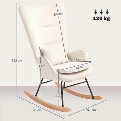 Schommelstoel – Relaxstoel – Loungestoel – Schommelzetel – Velours Bekleding – Ergonomische Rugleuning – Houten Poten - 67 x 85 x 112 cm - Crèmewit - QUORE