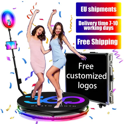 360° Photocabine – 360º Photobooth – Fotocabine – Draaiende Fotomachine – Photobooth voor 1-7 Personen – Robuust Massief Metaal – Inclusief Afstandsbediening en Draagcase
