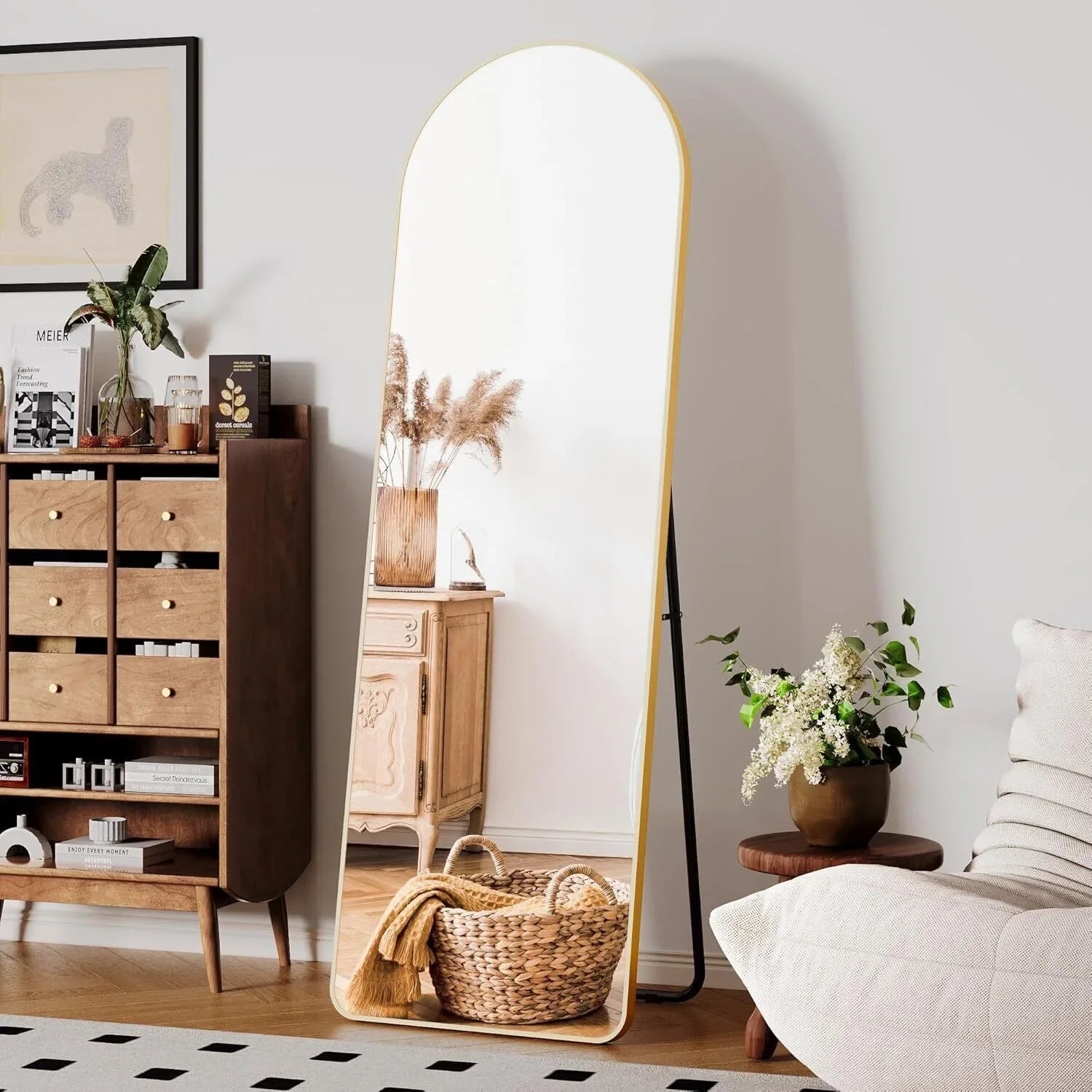 Spiegel - 162x53 cm – Spiegel Staand - Wandspiegel - Full Length - Rechthoekig Design - met Slanke Metalen Frame - Kristalhelder HD Glas - 3-in-1 Gebruik - Zwart Ronde Hoek - QUORE