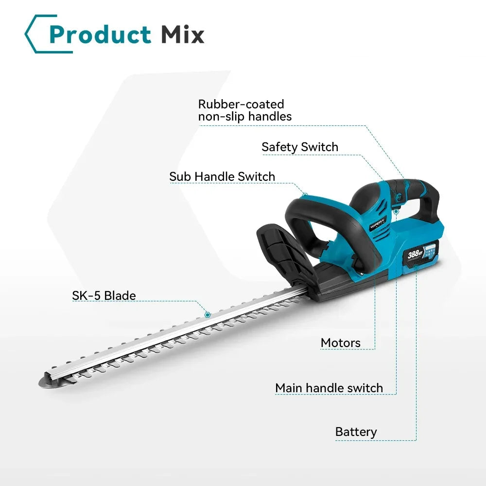 Heggenschaar - Elektrische - Snoerloos - Struiktrimmer - Grasmaaier - 2000W - 15000 RPM - met 18V-21V Batterij - voor het Snijden - Trimmen - Snoeien van Struiken - Blauw
