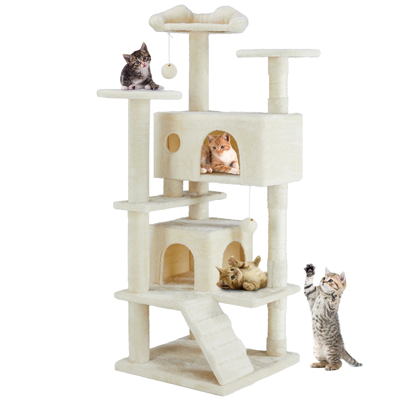 Krabpaal - voor Katten - Krabton - Hoge Kattenboom – 54inch - Multi-Level Krabpaal - Stabiele Kattenboom - Zacht en Knus - met Sisal en Huisjes - Beige