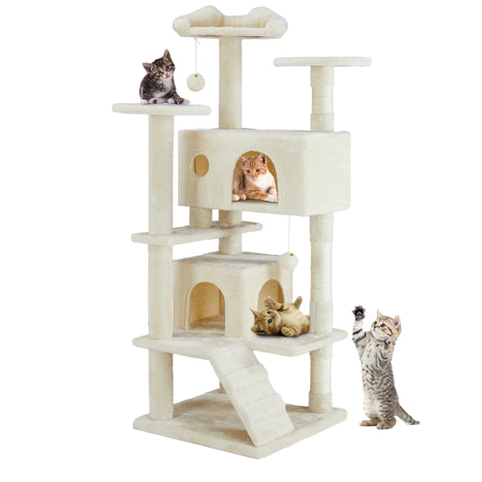 Krabpaal - voor Katten - Krabton - Hoge Kattenboom – 54inch - Multi-Level Krabpaal - Stabiele Kattenboom - Zacht en Knus - met Sisal en Huisjes - Beige