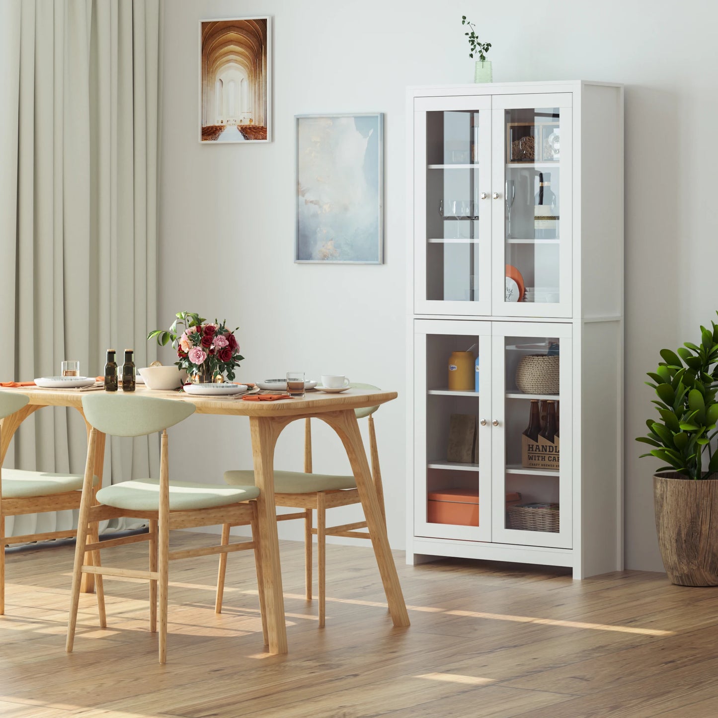 Vitrinekast – Vitrinekast Met Deuren – Displaykast – Boekenkast – Keukenkast – 4 Glazen Deuren – Strak Mat Wit – 190x80x33 cm Hoog