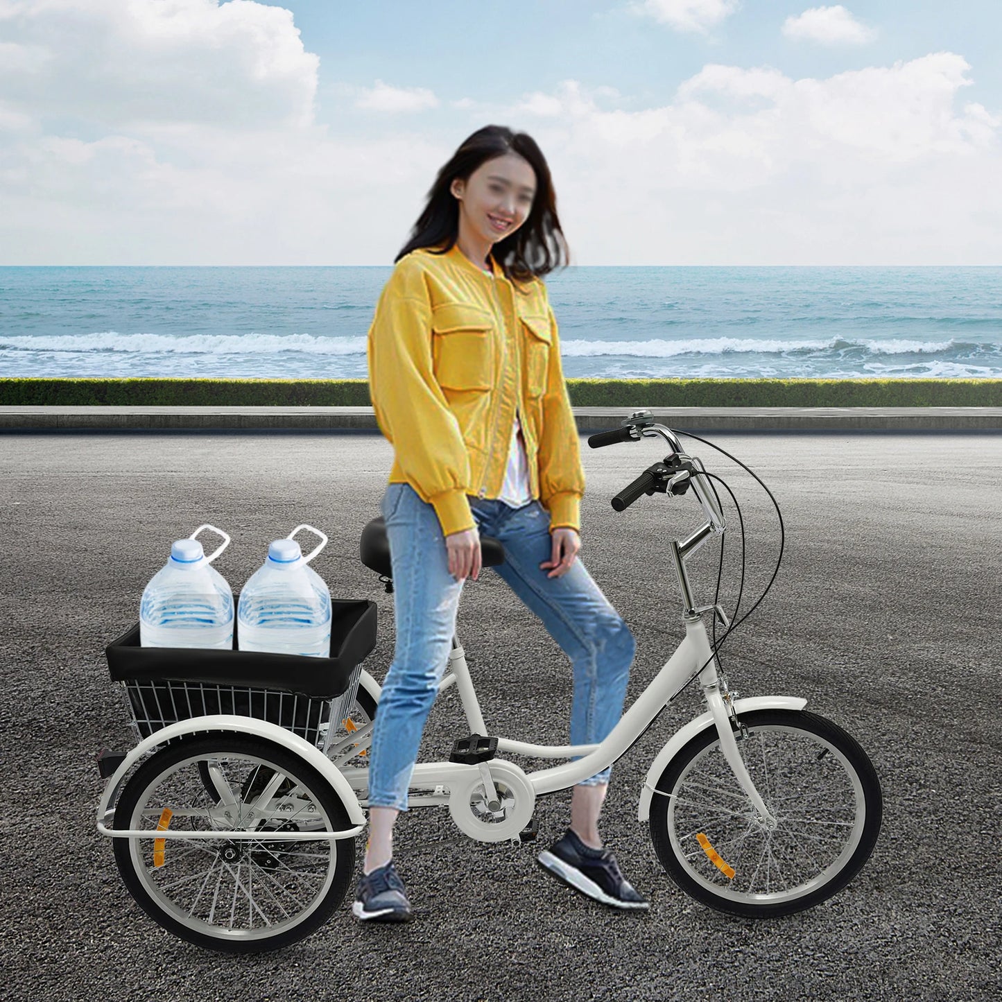 20" 8-Speed Adult Tricycle Adjustable 3-Wheel Bicycle Road Trike Bike Load 110kg with Basket+Bell+Mudguards 160*64cm Black/White