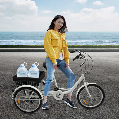 20" 8-Speed Adult Tricycle Adjustable 3-Wheel Bicycle Road Trike Bike Load 110kg with Basket+Bell+Mudguards 160*64cm Black/White