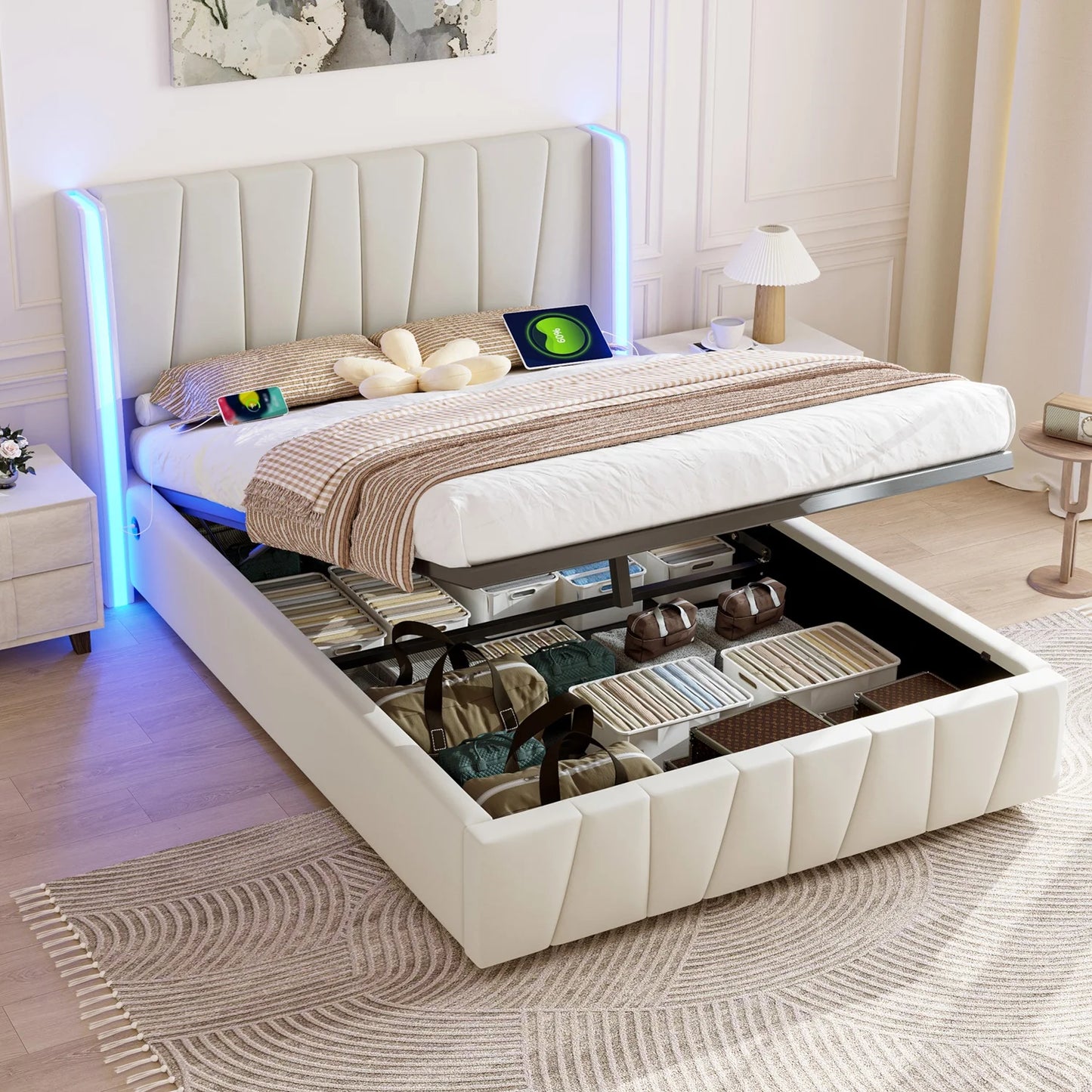 Bedframe – Bed – Opbergbed – Slaapkamermeubel – Modern Bed – Fluwelen Bekleding – Hydraulisch Opbergsysteem