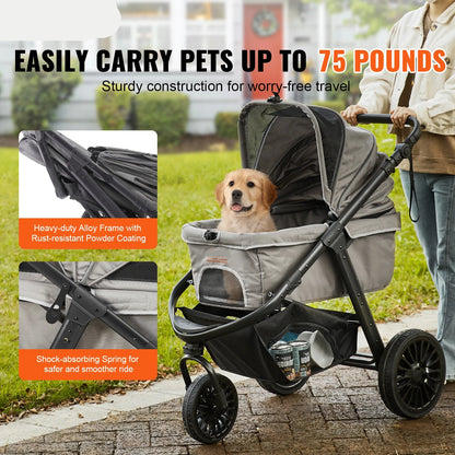 Hondenbuggy - Lichtgewicht - Huisdier Buggy - Hond en Kat Dierenwagen - Opvouwbare - met Rem - Verstelbaar Handvat - en Opslagmand - Duurzaam en Ademend - Donkergrijs