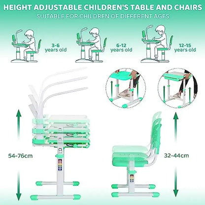 Kinderbureau en Stoel Set – Kindermeubel – Schrijftafel – Studiebureau – Kinderwerkplek – Verstelbare Hoogte 54-76 cm – LED Leeslamp met 3 Helderheidsniveaus - Lichtgroen