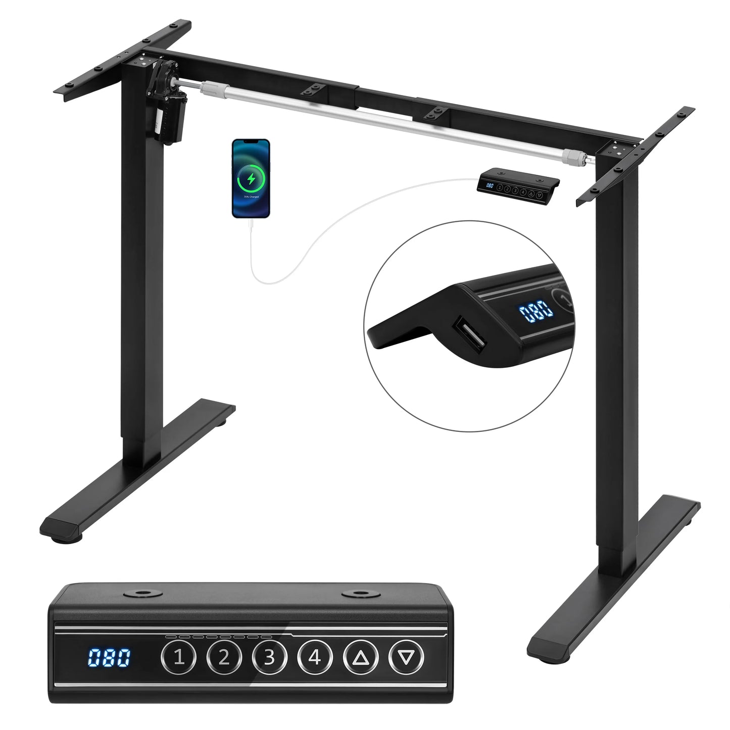 Bureauframe - Elektrisch Sta-bureaubeugel - Hefbureauframe - Verstelbaar - met USB-oplaadpoort - Geheugenbediening - voor Thuiskantoor - 29V - 60 x 135 x 120 cm - Zwart - QUORE
