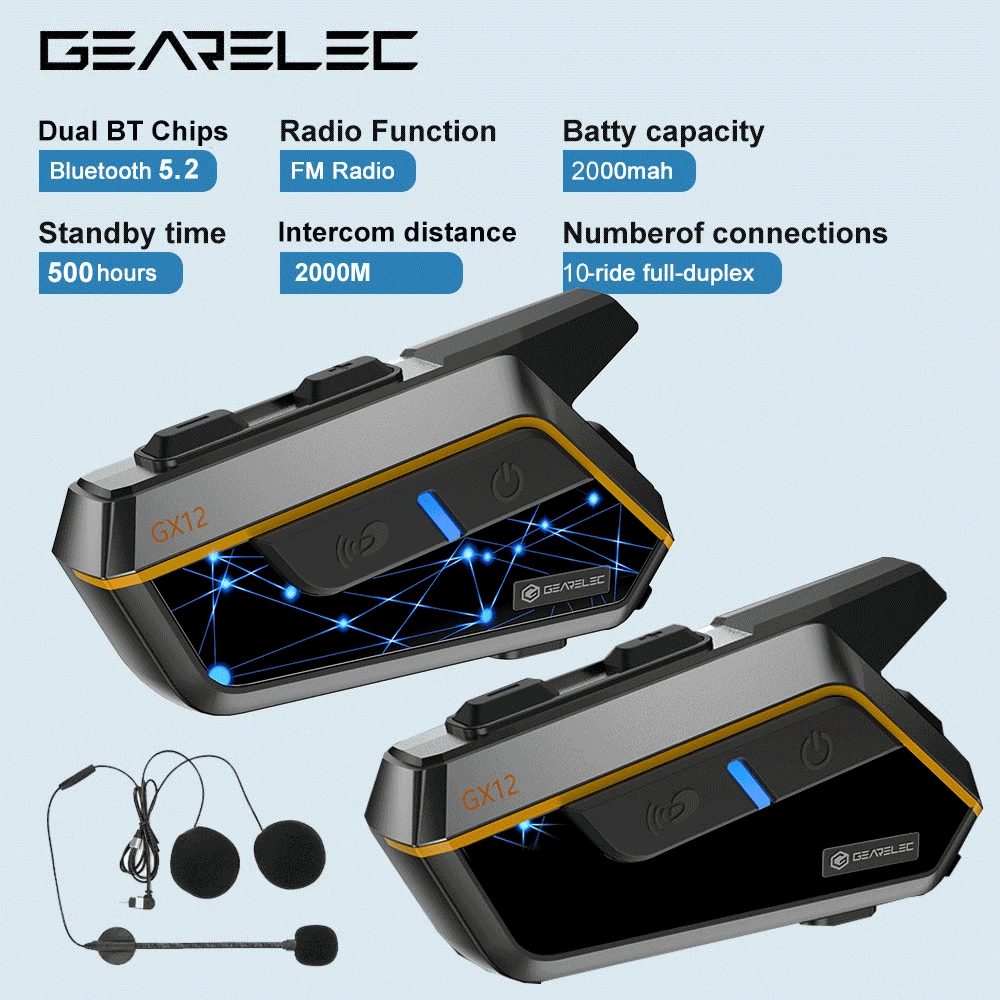 Gearelec - Motorfiets Intercom - Motorhelm - Bluetooth - Headsets - Handsfree - Communicator - Interphone - Voor 2-10 Renners - 1 stuk - QUORE