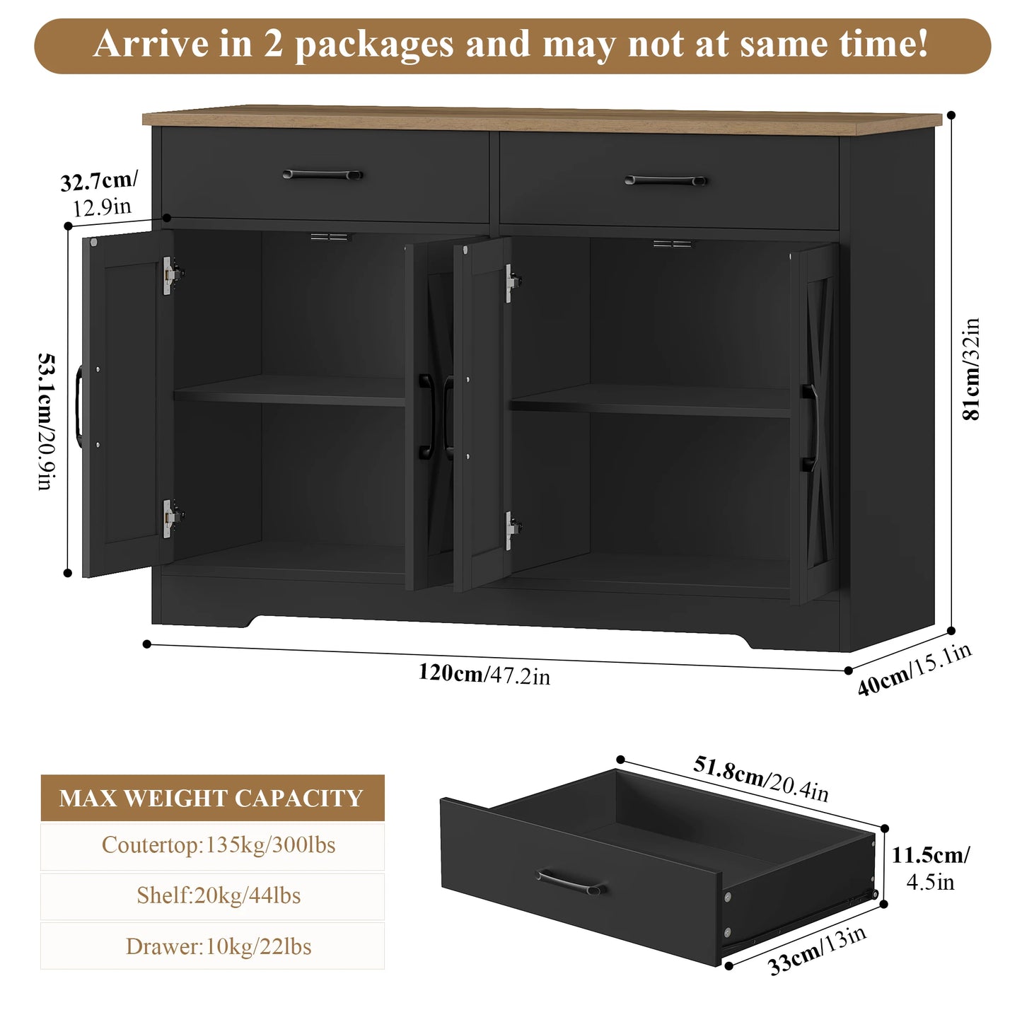 Keukenkast – Dressoir – Buffetkast – Opbergkast – Woonkamerkast – Wit/Zwart – 120 cm Breed – Krassen- en Vochtbestendig Hout - QUORE