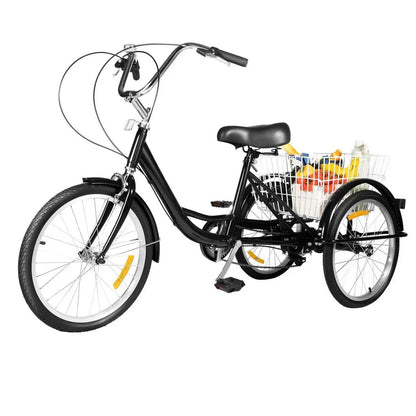 20" 8-Speed Adult Tricycle Adjustable 3-Wheel Bicycle Road Trike Bike Load 110kg with Basket+Bell+Mudguards 160*64cm Black/White