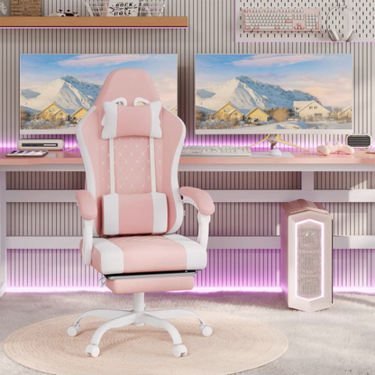 Gaming Stoel - Massage Gaming Stoel - Bureaustoel - Swivel Stoel - met Voetsteun - Hoofdsteun - Verstelbare - Rugleuning - Lendenkussen - Ergonomische - Draaibare - 70 x 70 x 127 cm - Wit & Roze