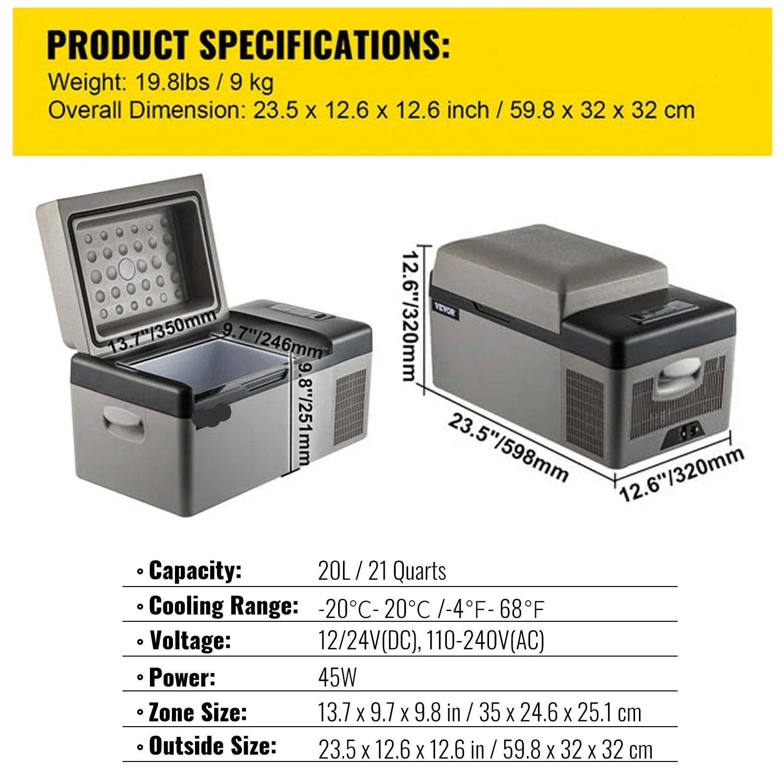 Mini Koelkast - Camping Koelkast - Auto Koelkast - 12V/24V 110-240V - Compressor Koelbox - Minikoelkast Eten & Drinken - 20L - QUORE