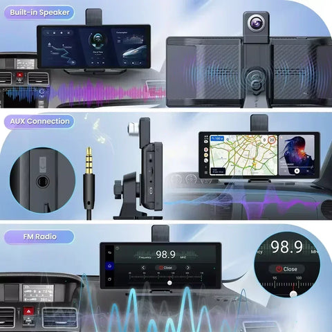 Dashcam voor Auto - 10.26” 4K Dashcam – CarPlay & Android Auto – 350° Rotatie – 6M AHD Achtercamera – Nachtzicht & Rijassistentie - Zwart