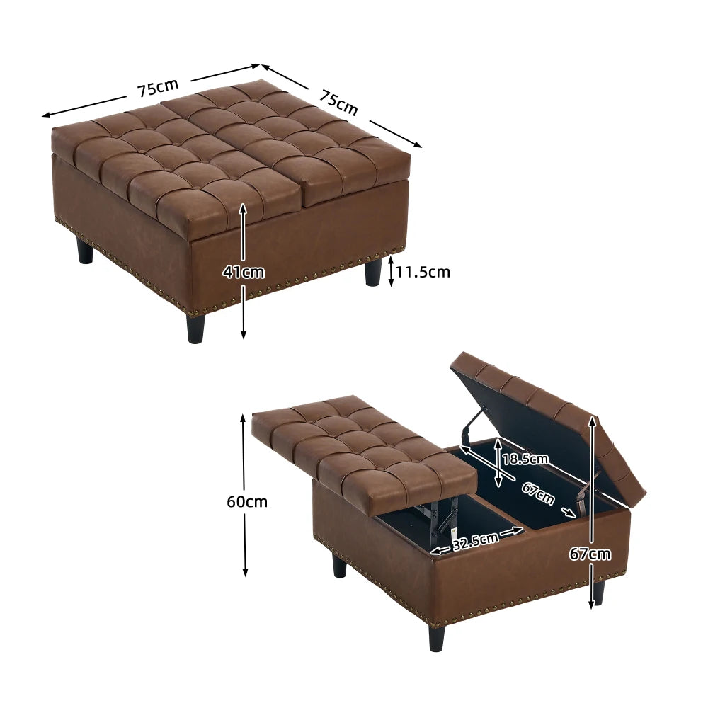 Opbergpoef – Opbergbank – Zitkist – Opbergbox – Hocker – Stevig Massief Houten Frame – Zachte PU-Leren Bekleding – Groot Vierkant – 75x75x41 cm