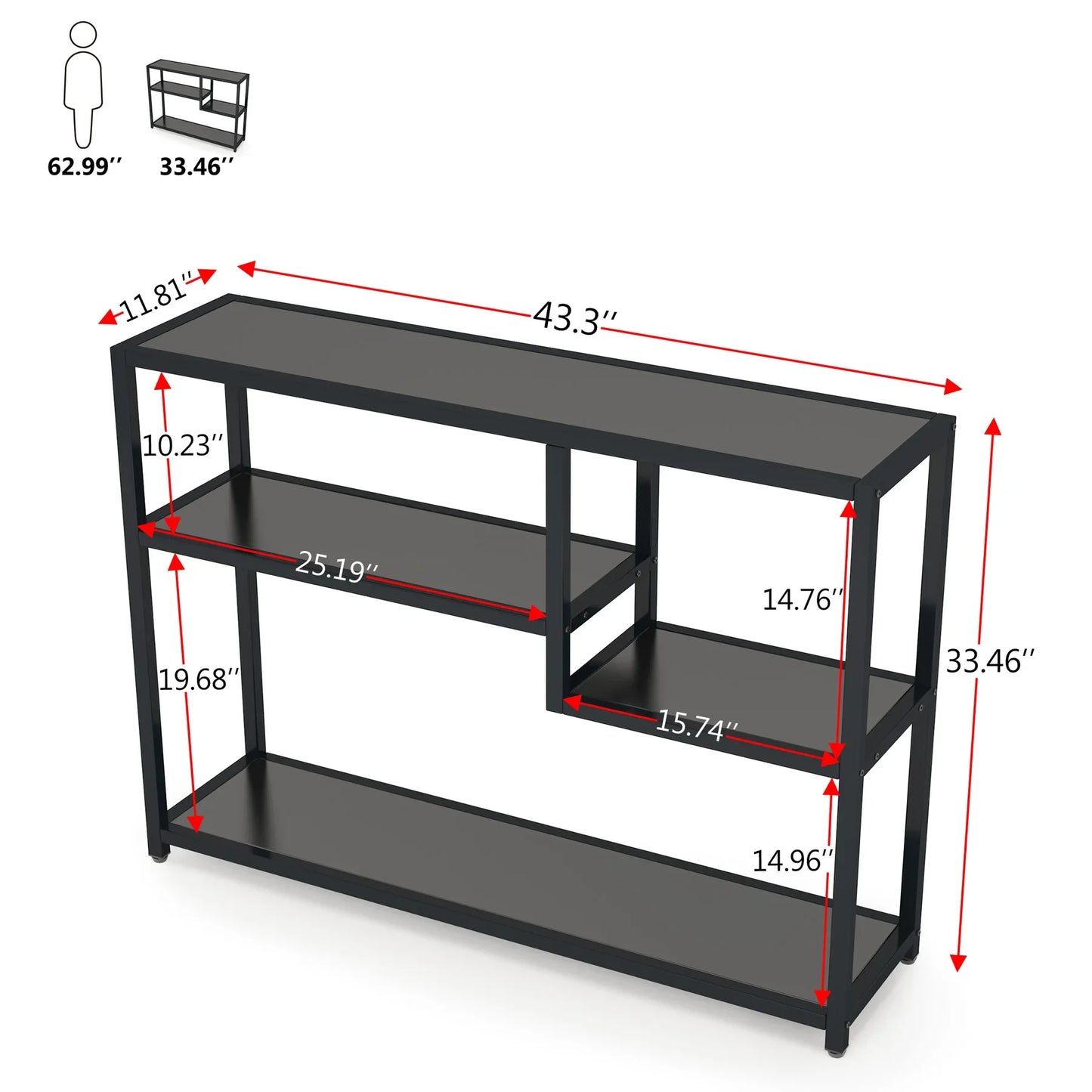 Sidetable - Smalle tafel - Smalle kast - Vakkenkast - Industrieel - Hout en Metaal - 110x30x85cm - Zwart