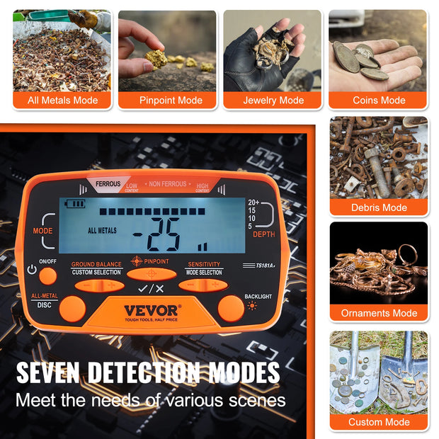 VEVOR Metaaldetector - LCD display - Voor kinderen en volwassenen - 7 Standen - Verstelbare hoogte - Waterdicht - Lichtgewicht - QUORE