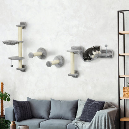 Klimrek - Klimrekken voor Kat - met - Hangmat - Bal - Set van 4 - Muur Bevestigd - Houtspaanplaat - Polyester Pluche - Maximale Capaciteit van 6-8 kg - 84.5x19x54 cm - Grijs - QUORE