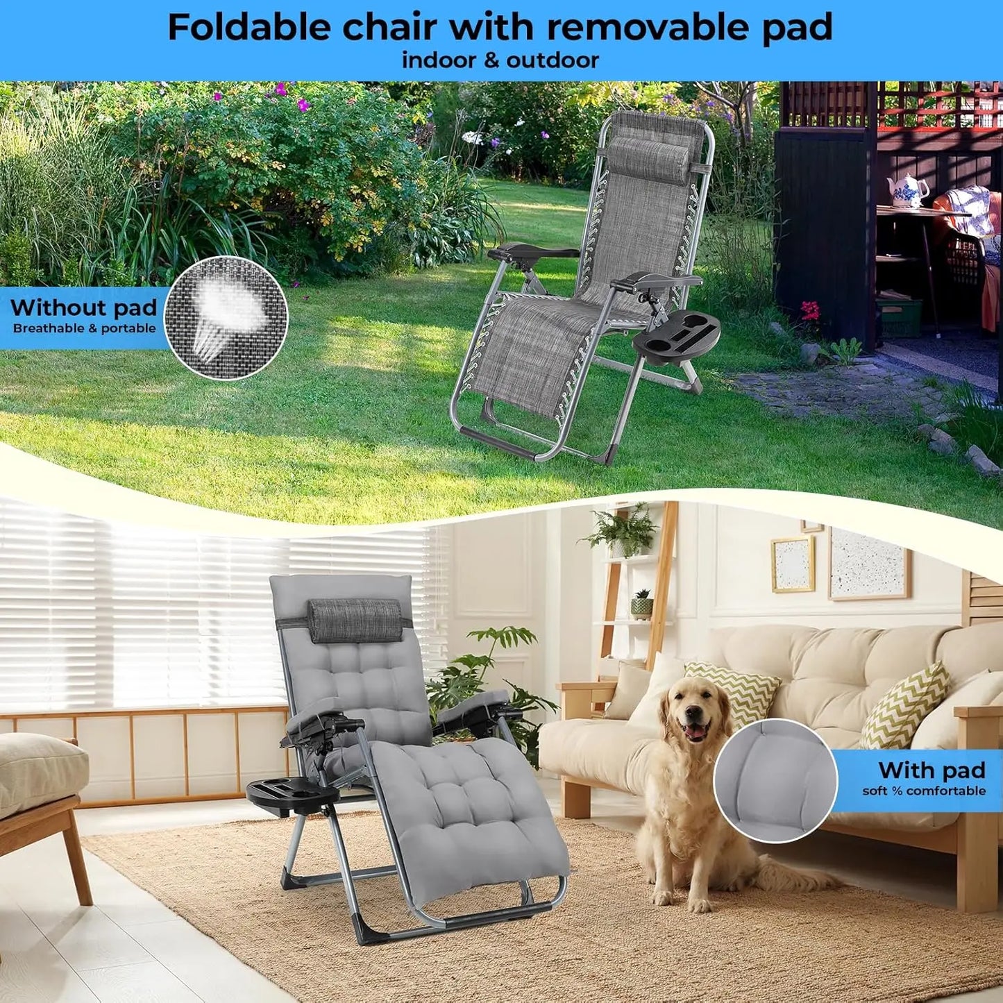 Ligstoel - Tuinstoelen - Strandstoel - Klapstoel - Zero Gravity - Opvouwbare - Draagvermogen van 160KG - Comfortabele Buitenkussens, Verstelbaar, Voor Tuin en Terras - Tuinset – Campingstoel – Tuinstoel – Set van 2 - Lichtgrijs