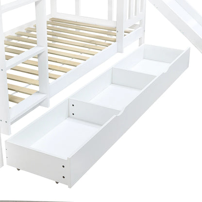 Kinder Stapelbed – Kinderbed – Bunkbed – Hoogslaper – Stapelbed Met Glijbaan – Wit – 90x200 cm – Grote Lade Op Wieltjes – Stevig Massief Hout