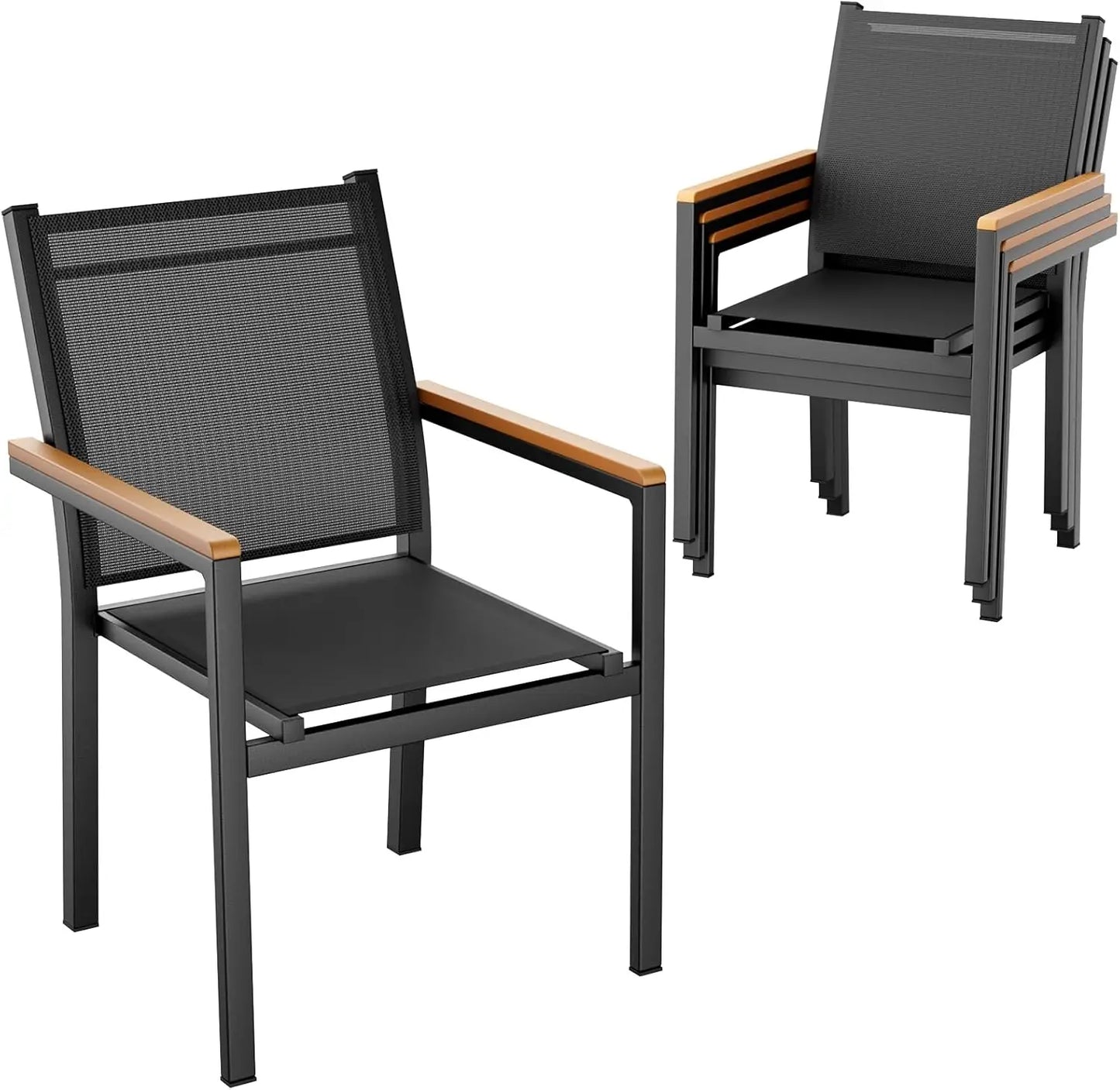 Tuinstoelen – Stapelbare Stoelen – Tuinmeubilair – Buitenstoelen – Aluminium Frame – Ademend Textilene – Weerbestendig - Set van 4 - Zwart