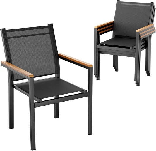 Tuinstoelen – Stapelbare Stoelen – Tuinmeubilair – Buitenstoelen – Aluminium Frame – Ademend Textilene – Weerbestendig - Set van 4 - Zwart