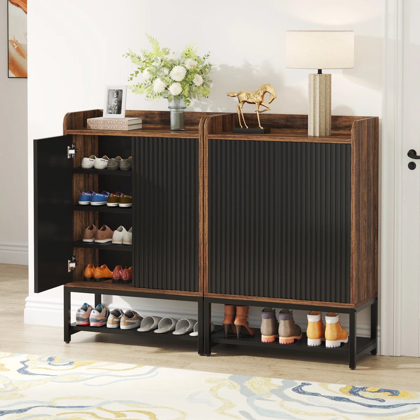 Schoenenkast – Schoenenrek – Schoenenopberger – Schoenenbank – Opbergkast – Hout – 5 Niveaus – Druk-open Deuren – Compact 73x35x105 cm - QUORE
