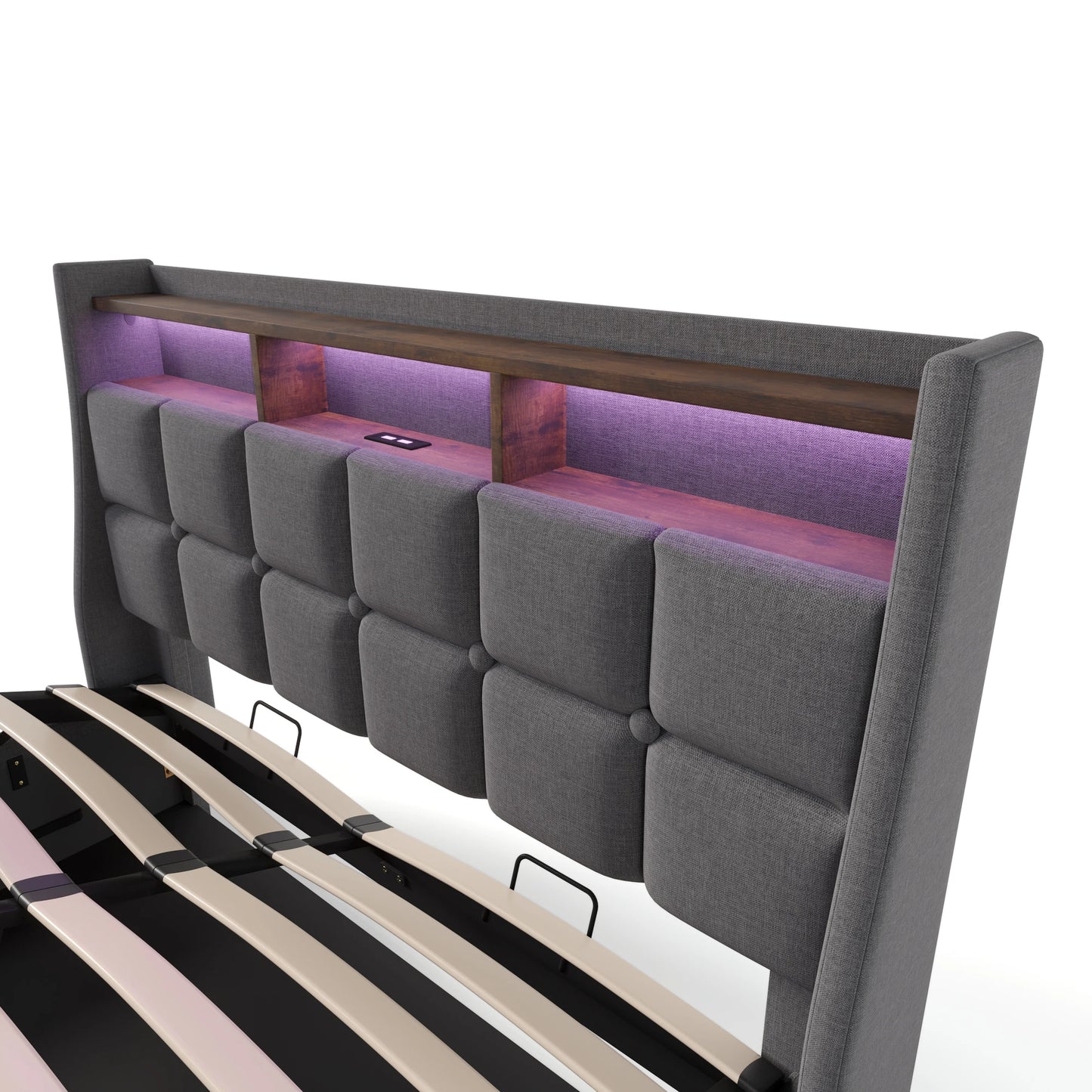 Gestoffeerd Bed – Linnen Bed – Tweepersoonsbed – Slaapkamer Meubel – Bedframe – 160x200 cm – Met Metalen Lattenbodem – Ingebouwde USB-poort & LED-Verlichting